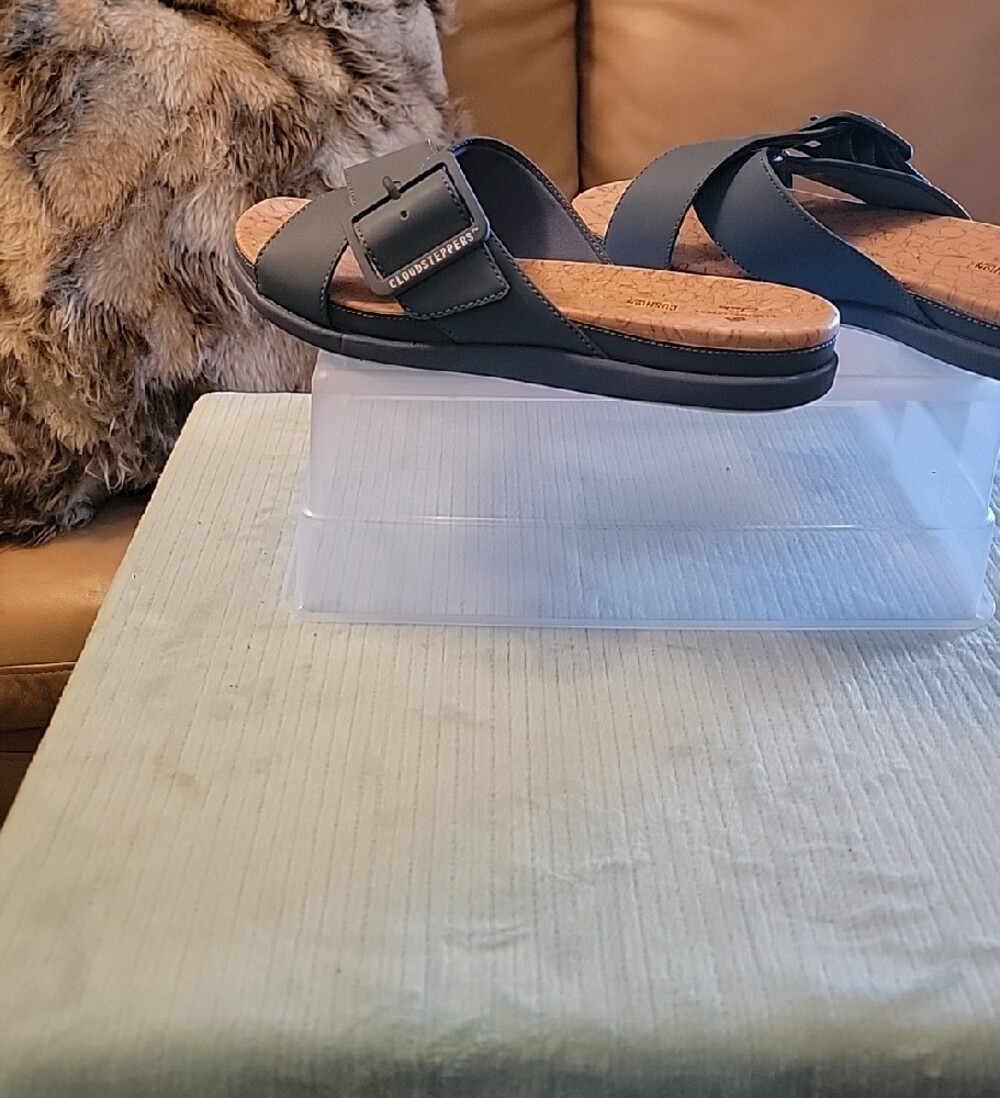 Clarks Women's Slide Sandals in Blue with Cork Cushioned Footbed. Cloudsteppers - Picture 2 of 4